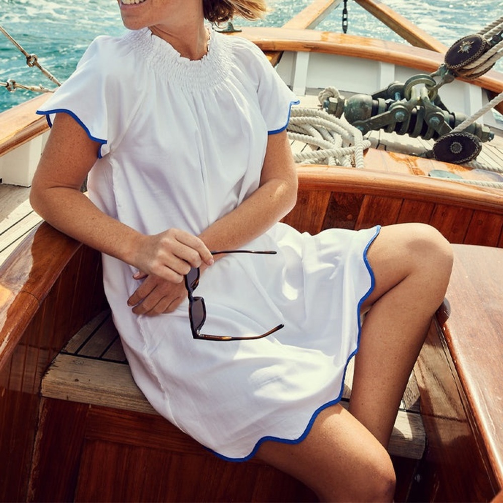 LAKE poplin patio dress white with blue trim